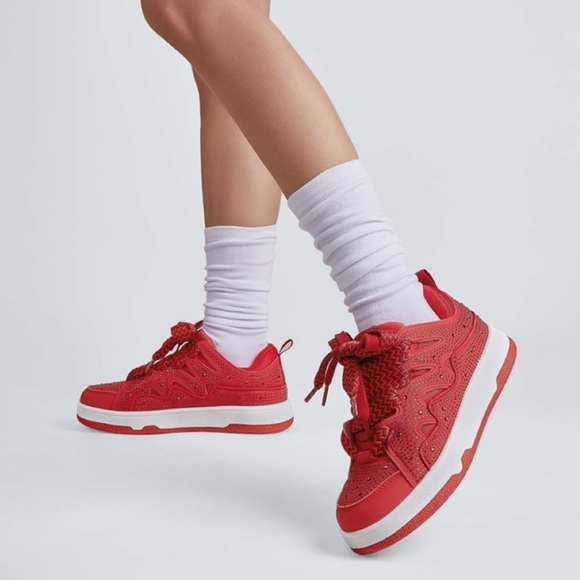 Shoes - Red Rhinestone Double Lace-Up Sneakers